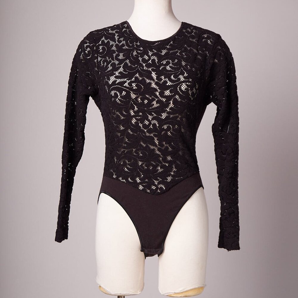 Vintage 1990s Lace Front Black Bodysuit Top